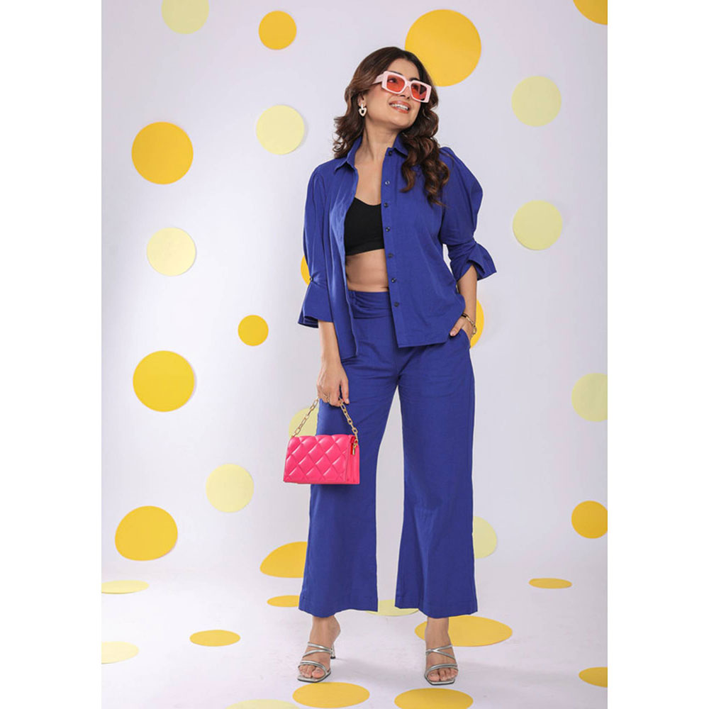 Kaori By Shreya Royal Blue Waist Cross Tie Up Linen Pants