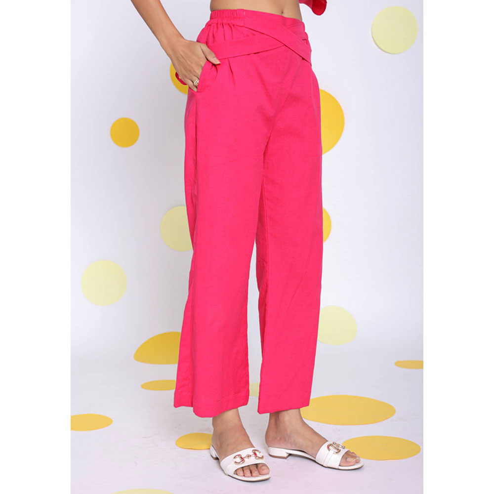 Kaori By Shreya Hot Pink Waist Cross Tie Up Linen Pants