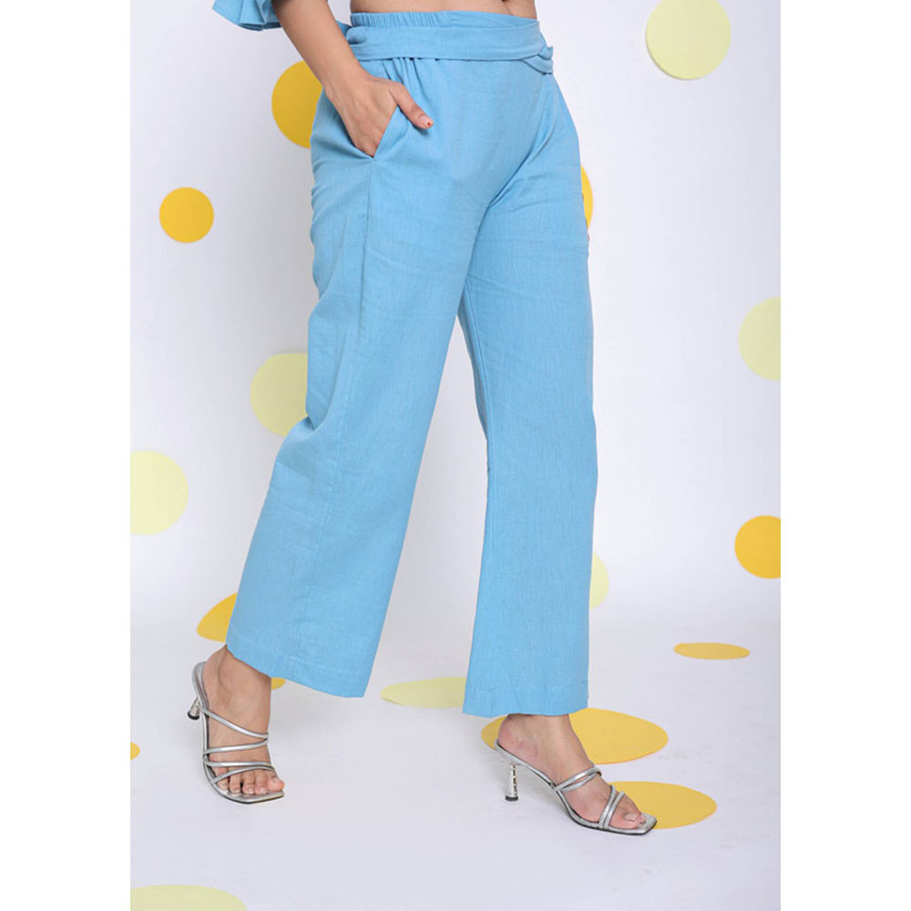 Kaori By Shreya Sky Blue Waist Cross Tie Up Linen Pants