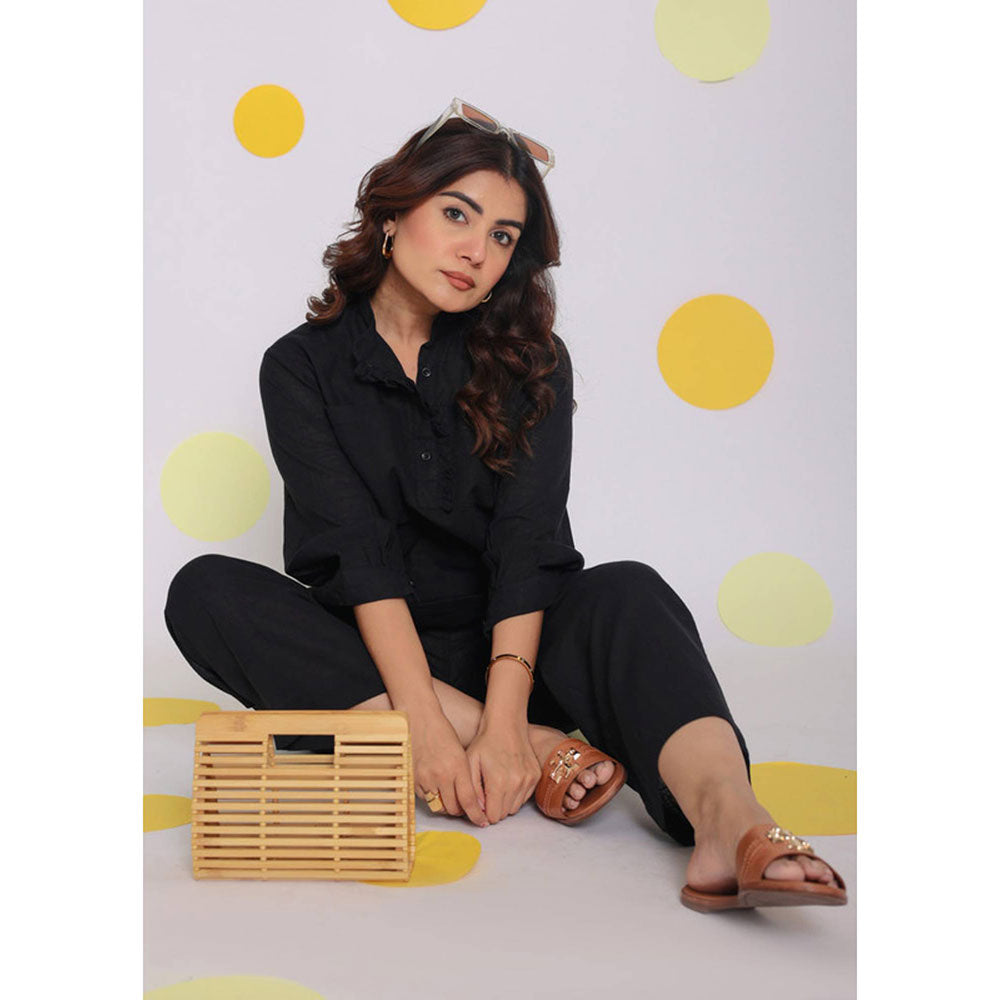 Kaori By Shreya Black Relaxed Wide Leg Formal Linen Pants