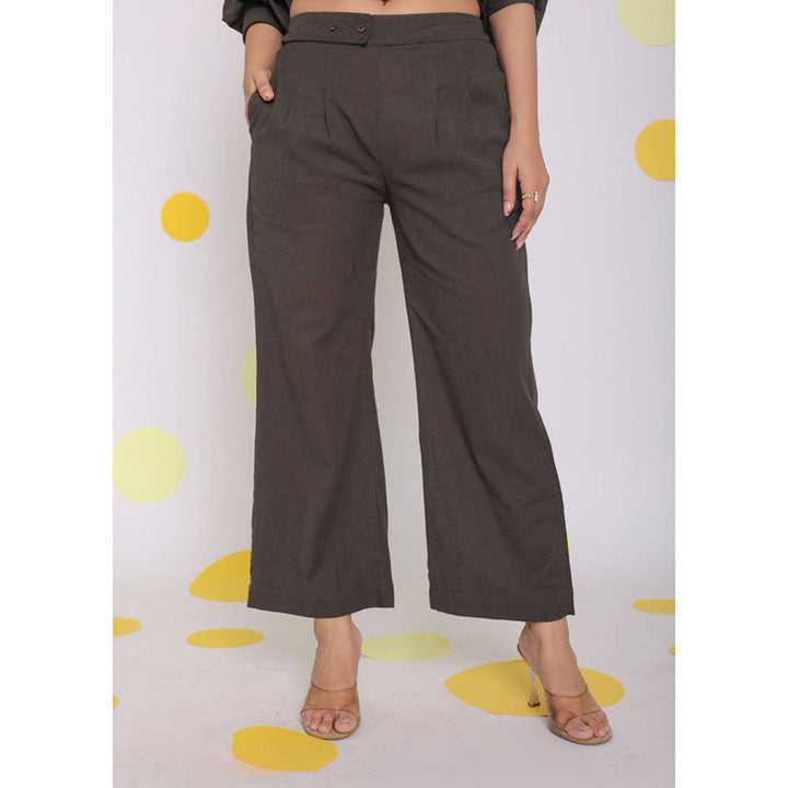 Kaori By Shreya Grey Relaxed Buttoned Formal Linen Pants