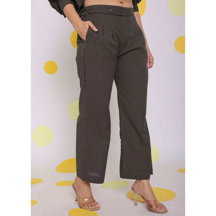 Kaori By Shreya Grey Relaxed Buttoned Formal Linen Pants