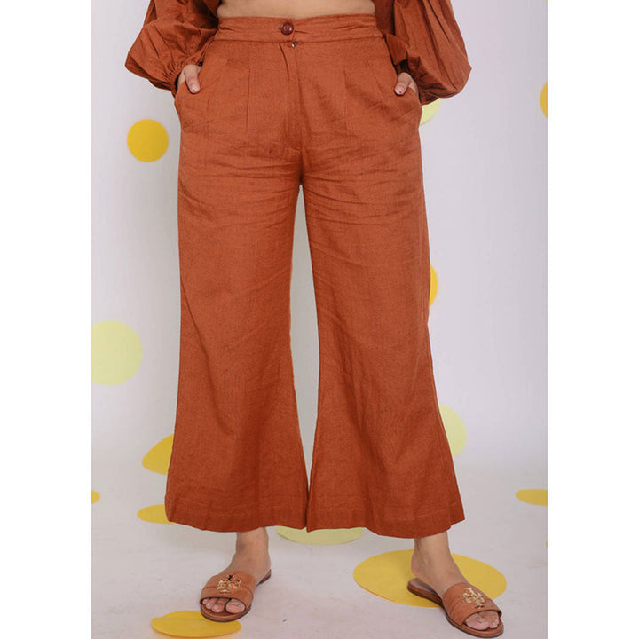 Kaori By Shreya Orange Back Elastic and Button Linen Pants