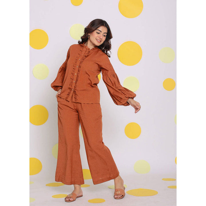 Kaori By Shreya Orange Back Elastic and Button Linen Pants