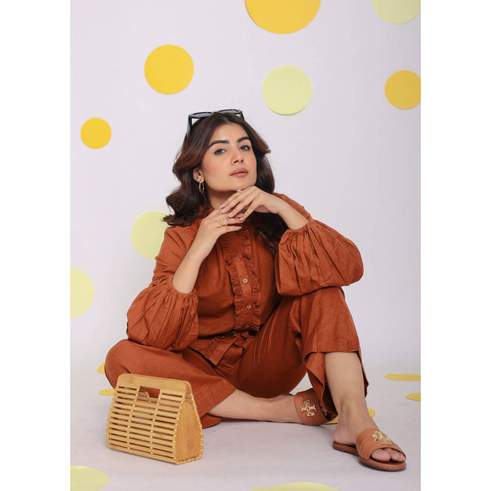 Kaori By Shreya Orange Back Elastic and Button Linen Pants