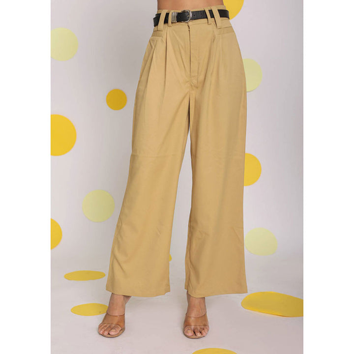 Kaori By Shreya Beige Lycra Twill Buttoned Korean Pants