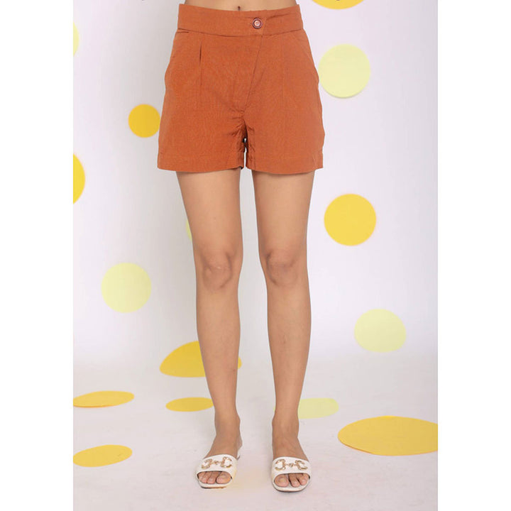 Kaori By Shreya Solid Orange Summer Buttoned Linen Shorts