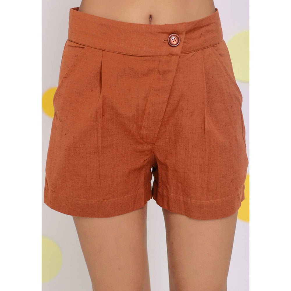 Kaori By Shreya Solid Orange Summer Buttoned Linen Shorts