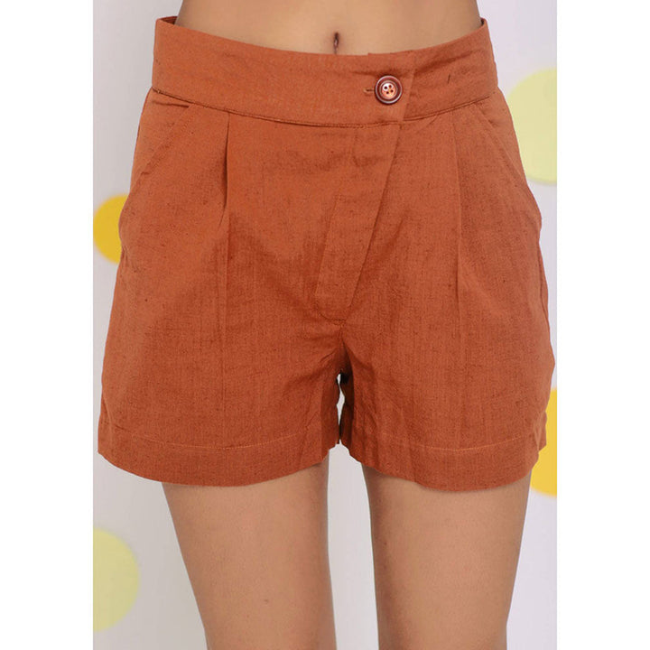 Kaori By Shreya Solid Orange Summer Buttoned Linen Shorts