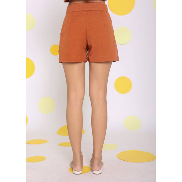 Kaori By Shreya Solid Orange Summer Buttoned Linen Shorts