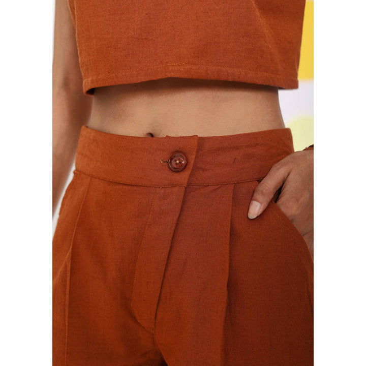 Kaori By Shreya Solid Orange Summer Buttoned Linen Shorts