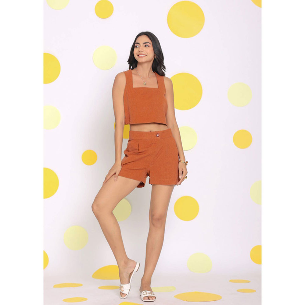 Kaori By Shreya Solid Orange Summer Buttoned Linen Shorts