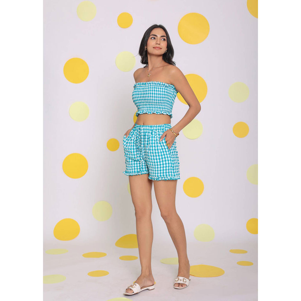 Kaori By Shreya White and Aqua Blue High Waist Shorts