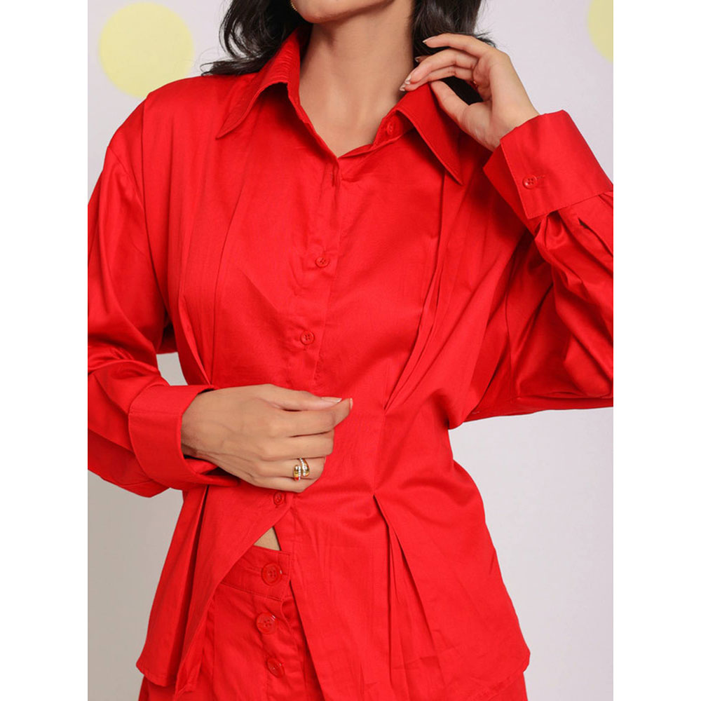 Kaori By Shreya Red Waist Fitted Back Tieup Cotton Shirt