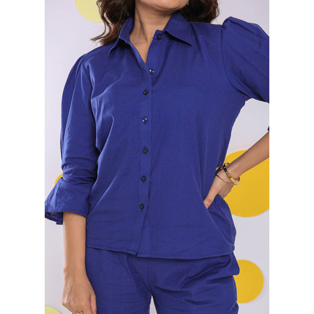 Kaori By Shreya Royal Blue Collar Formal Linen Shirt