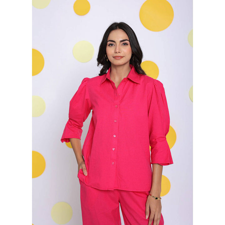 Kaori By Shreya Hot Pink Relax Collar Formal Linen Shirt