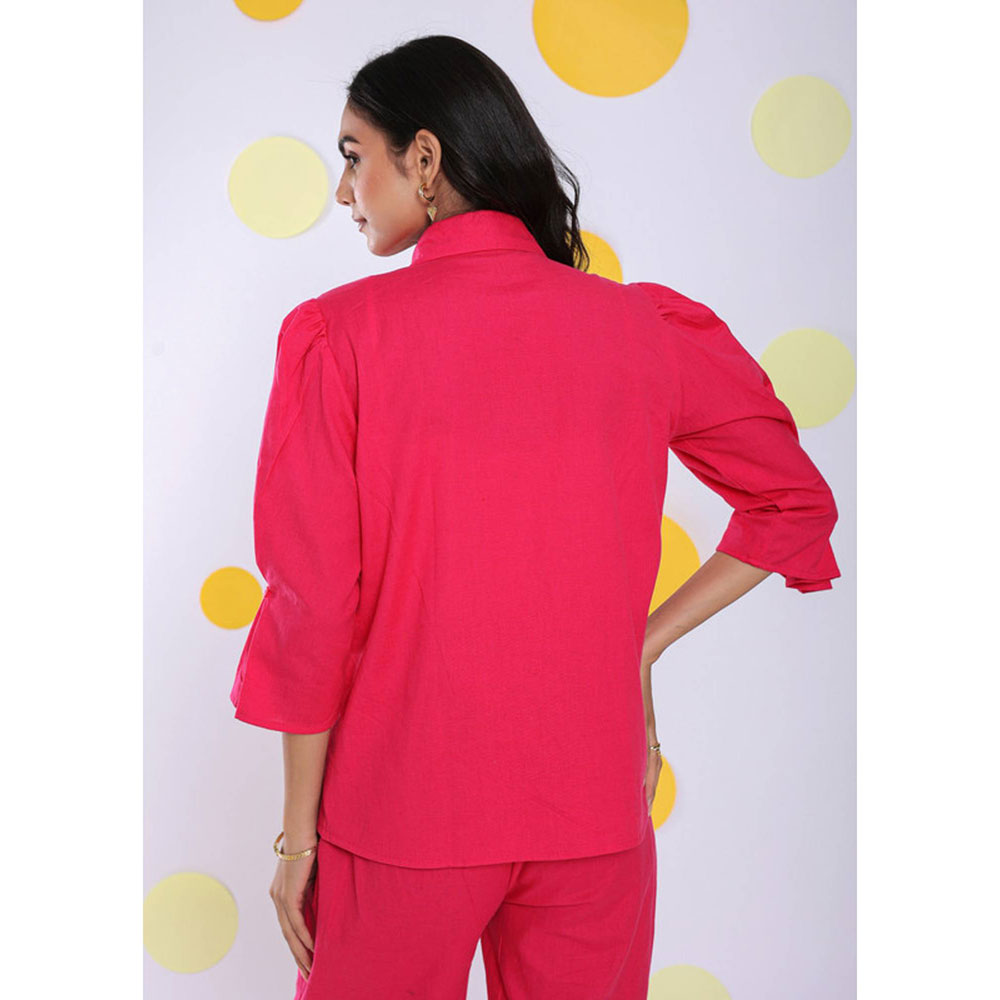 Kaori By Shreya Hot Pink Relax Collar Formal Linen Shirt