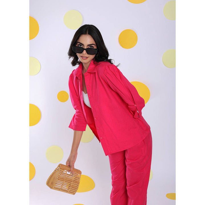 Kaori By Shreya Hot Pink Relax Collar Formal Linen Shirt