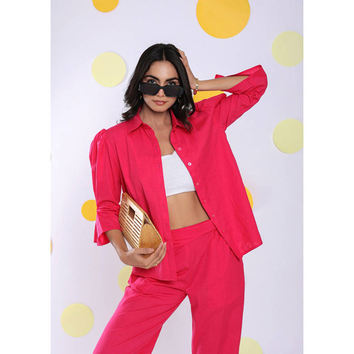 Kaori By Shreya Hot Pink Relax Collar Formal Linen Shirt