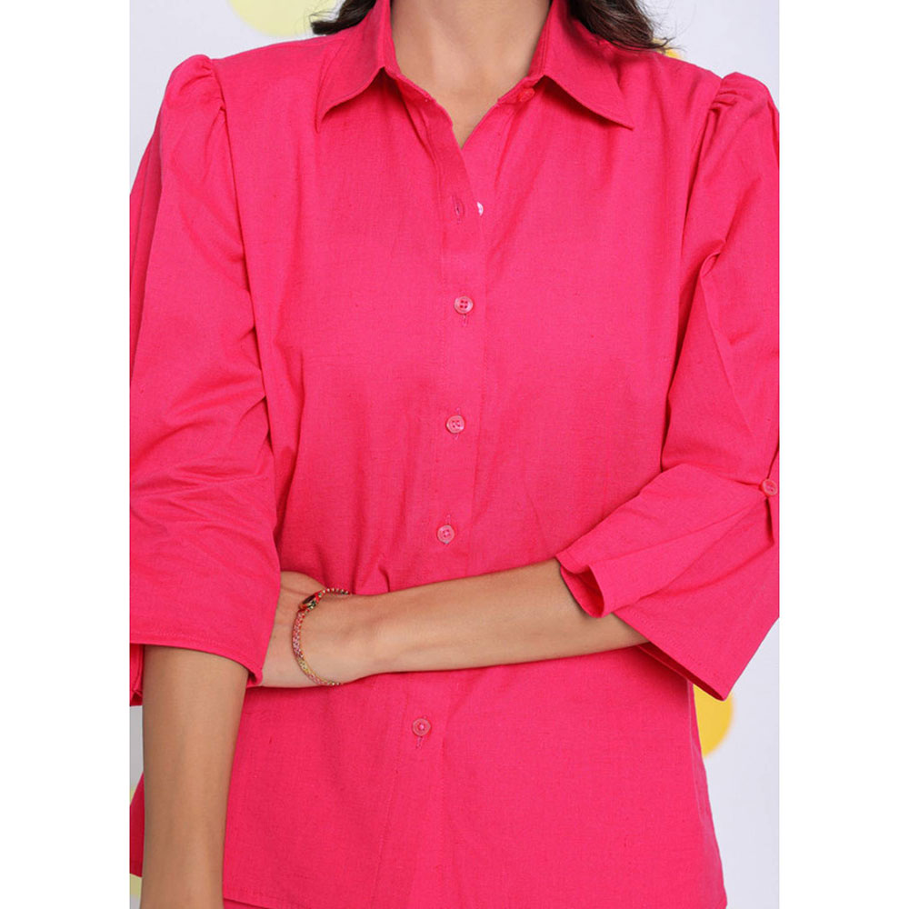 Kaori By Shreya Hot Pink Relax Collar Formal Linen Shirt