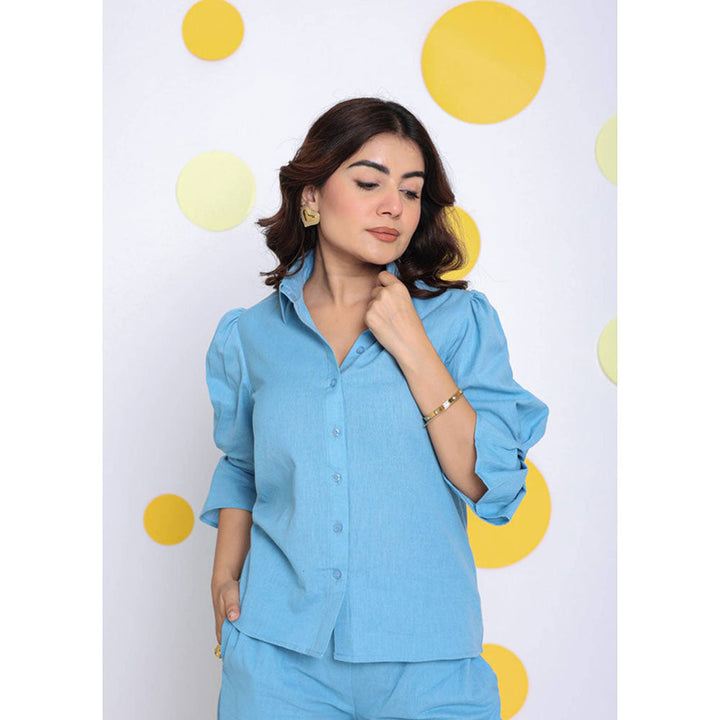 Kaori By Shreya Sky Blue Relax Collar Formal Linen Shirt