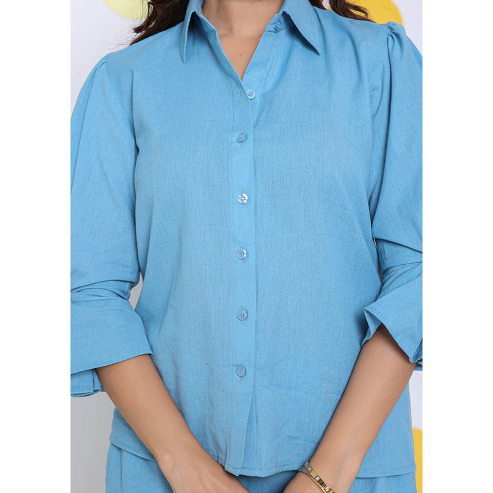 Kaori By Shreya Sky Blue Relax Collar Formal Linen Shirt