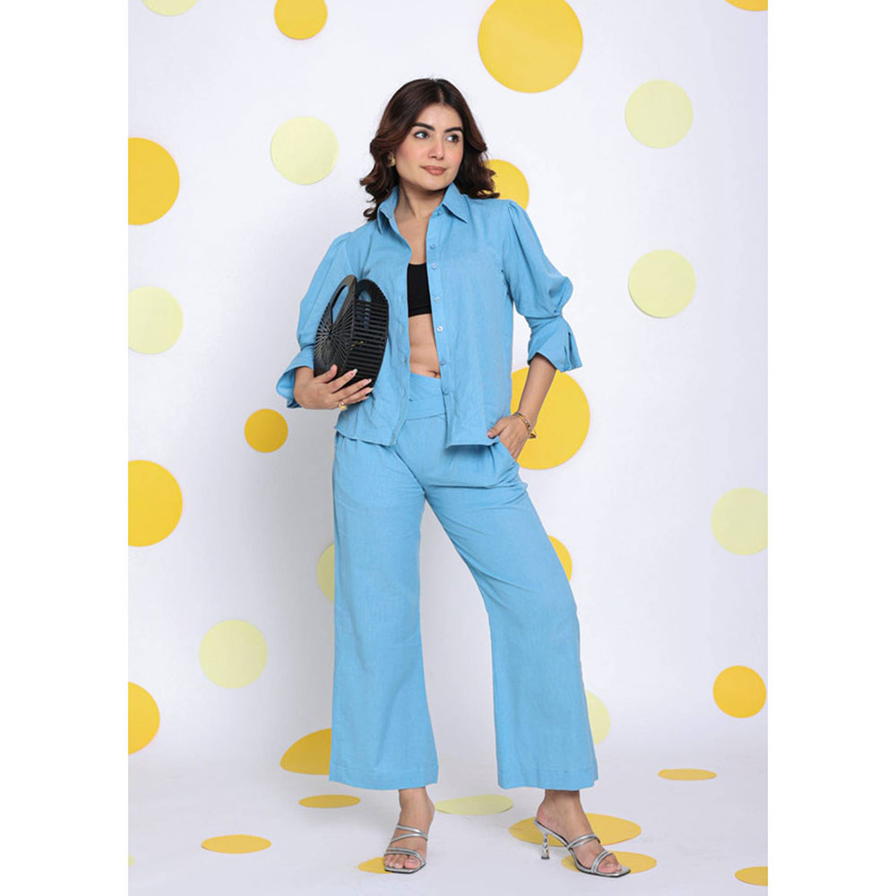 Kaori By Shreya Sky Blue Relax Collar Formal Linen Shirt