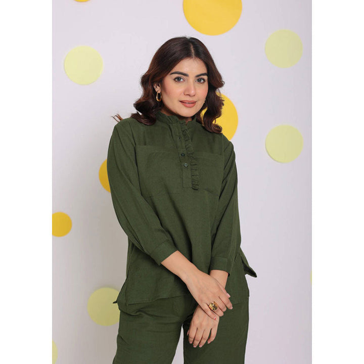 Kaori By Shreya Olive Green Frill Formal Linen Shirt