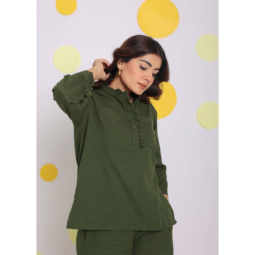 Kaori By Shreya Olive Green Frill Formal Linen Shirt