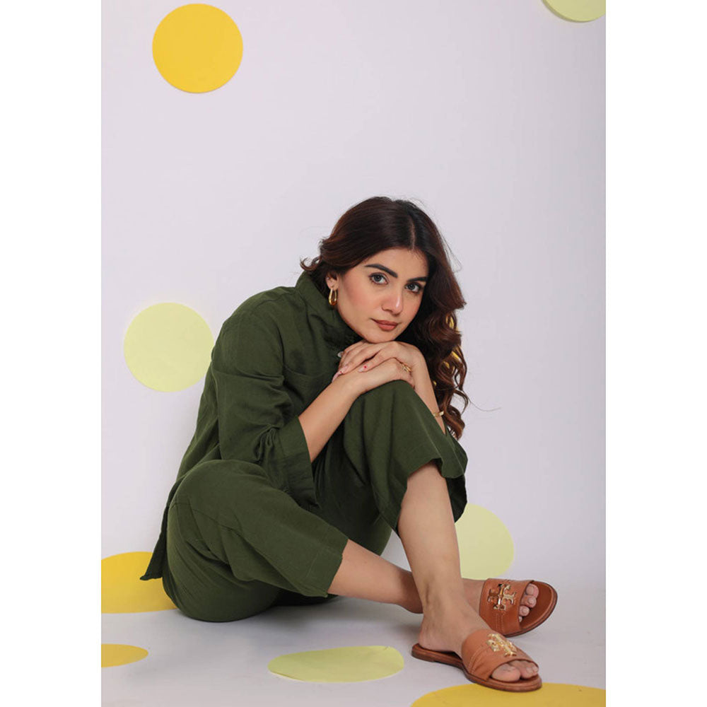 Kaori By Shreya Olive Green Frill Formal Linen Shirt