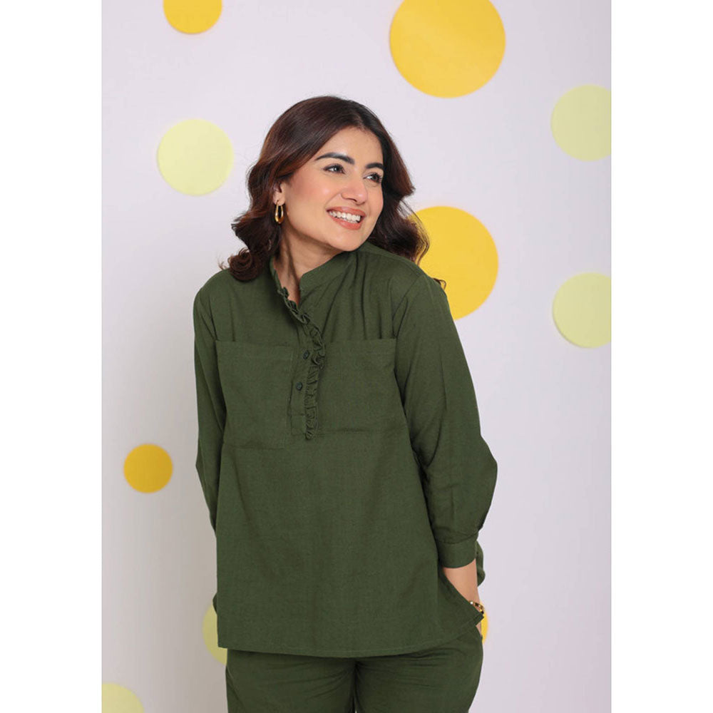 Kaori By Shreya Olive Green Frill Formal Linen Shirt