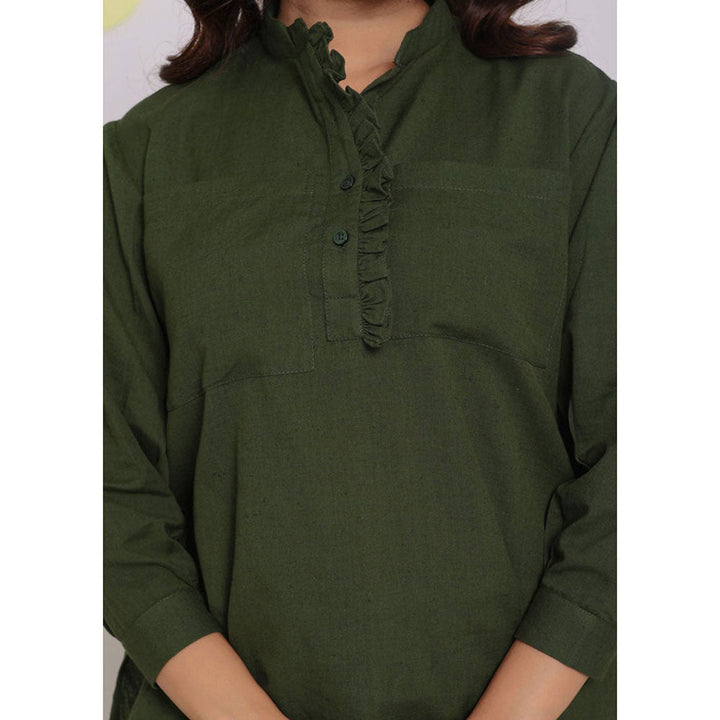 Kaori By Shreya Olive Green Frill Formal Linen Shirt