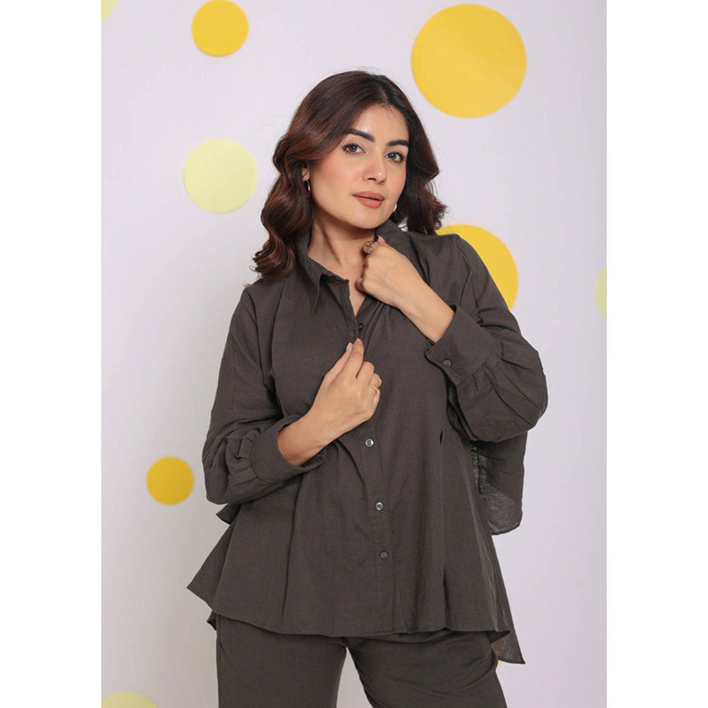 Kaori By Shreya Grey Buttoned Formal Linen Collar Shirt