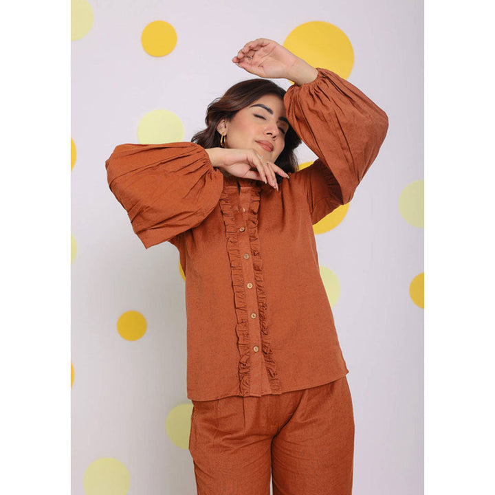 Kaori By Shreya Brown Frilled Button Formal Linen Shirt