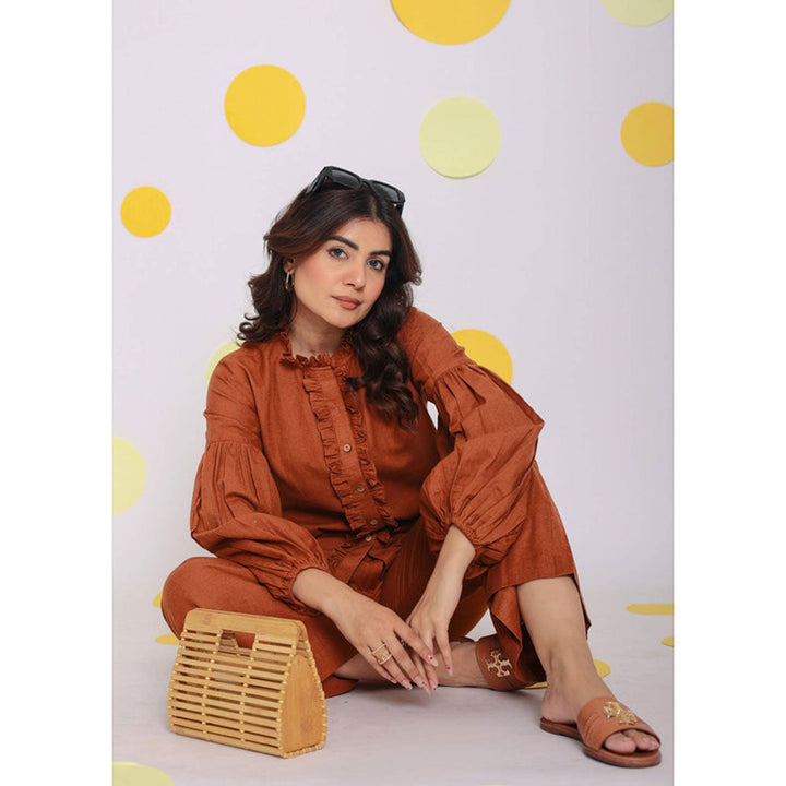 Kaori By Shreya Brown Frilled Button Formal Linen Shirt