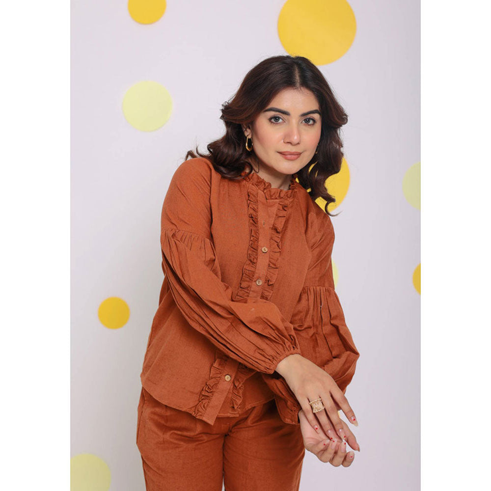 Kaori By Shreya Brown Frilled Button Formal Linen Shirt