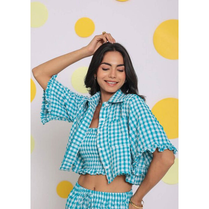 Kaori By Shreya White and Aqua Blue Collar Crop Shirt