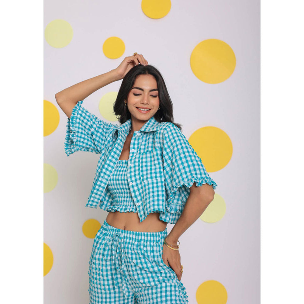 Kaori By Shreya White and Aqua Blue Collar Crop Shirt