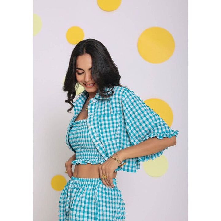 Kaori By Shreya White and Aqua Blue Collar Crop Shirt