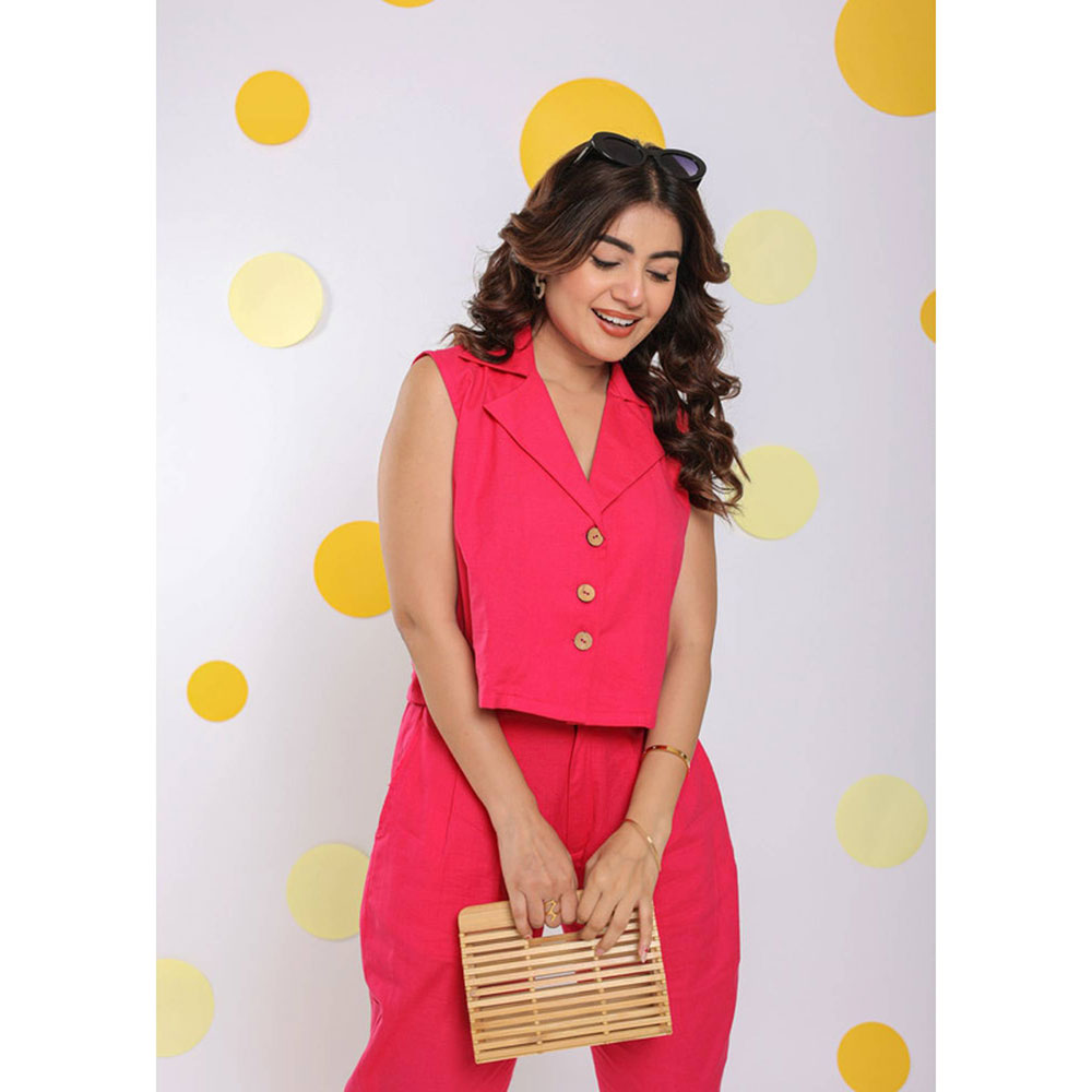 Kaori By Shreya Linen Hot Pink Sleeveless Waist Coat