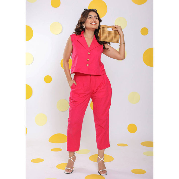 Kaori By Shreya Linen Hot Pink Sleeveless Waist Coat