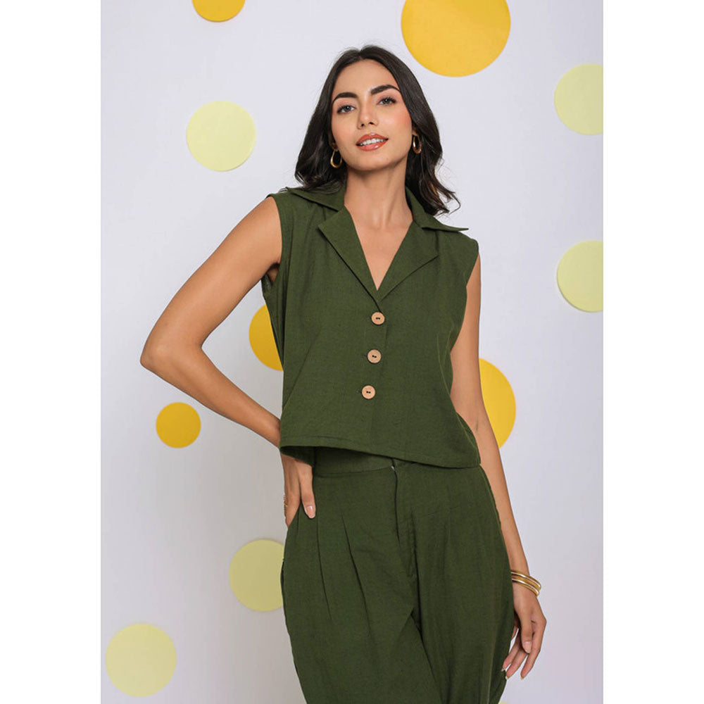 Kaori By Shreya Olive Green Waist Coat 100% Cotton Waist Coat