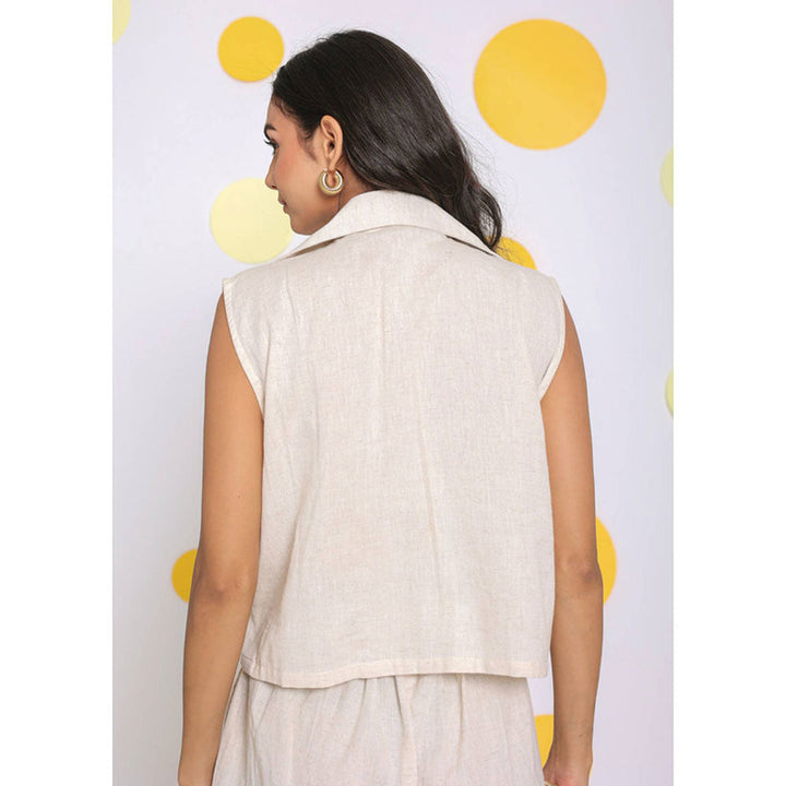 Kaori By Shreya Off White Relaxed Waist Coat Linen Shirt