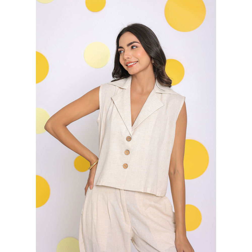 Kaori By Shreya Off White Relaxed Waist Coat Linen Shirt