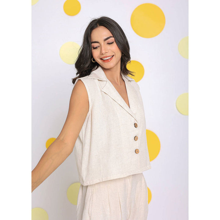 Kaori By Shreya Off White Relaxed Waist Coat Linen Shirt