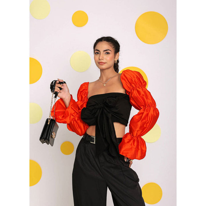 Kaori By Shreya Black and Orange Front Tie Crop Top