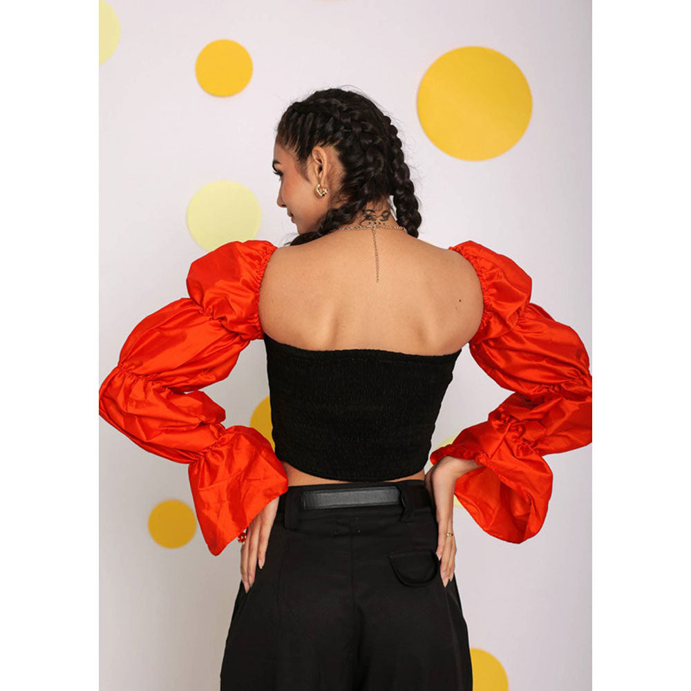 Kaori By Shreya Black and Orange Front Tie Crop Top