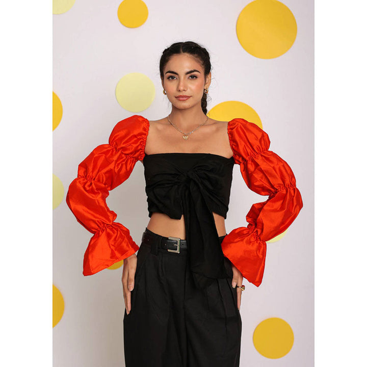 Kaori By Shreya Black and Orange Front Tie Crop Top