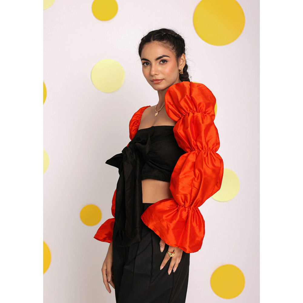 Kaori By Shreya Black and Orange Front Tie Crop Top