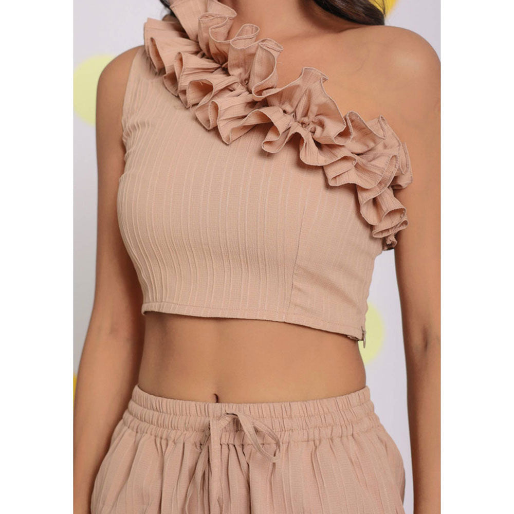 Kaori By Shreya Beige One Shoulder Off Party Crop Top